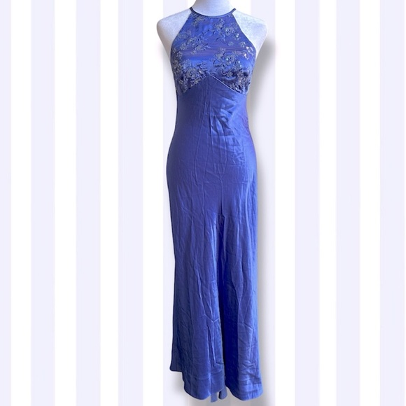 ZUM ZUM By Niki Livas VINTAGE 90s Y2K Satin Sequin Slip Mermaid Dress Blue 5 / 6 - Picture 3 of 12